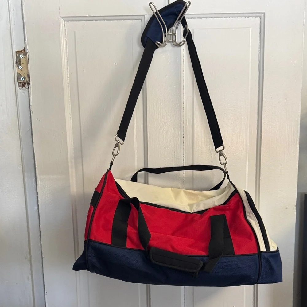 Champion Red, White, and Navy Colorblock Duffel Bag with Logo